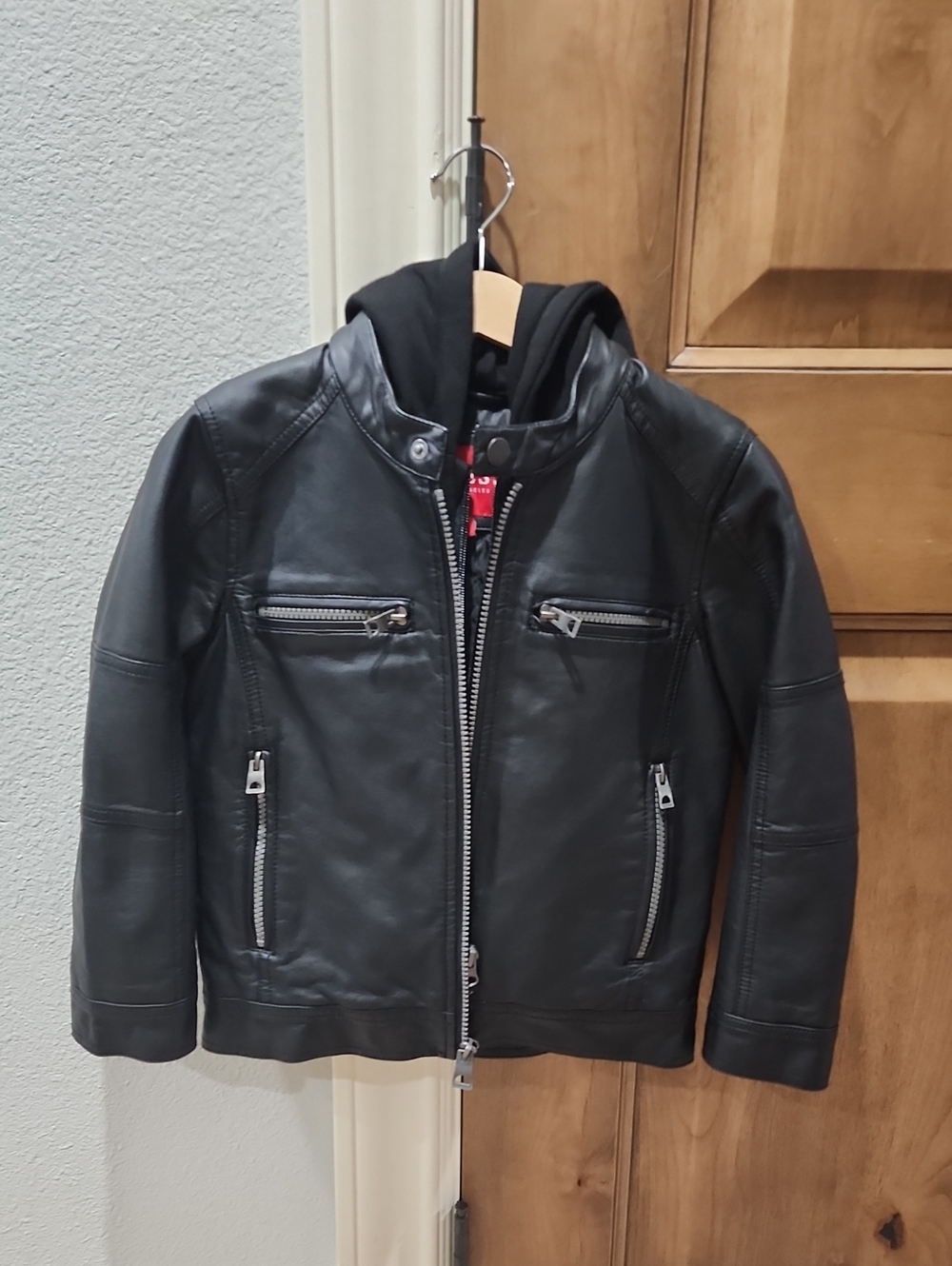 Guess Black Faux Leather Hooded Jacket for Kids